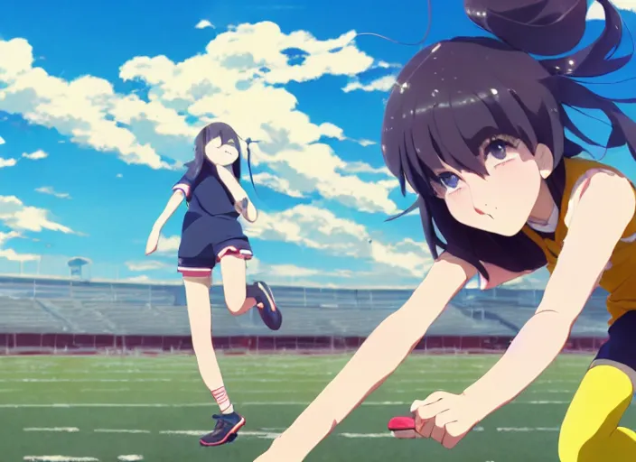 Prompt: high school runner girl, sunny sky background stadium landscape illustration concept art anime key visual trending pixiv fanbox by wlop and greg rutkowski and makoto shinkai and studio ghibli and kyoto animation symmetry red sports clothing marathon yellow running shoes number tag