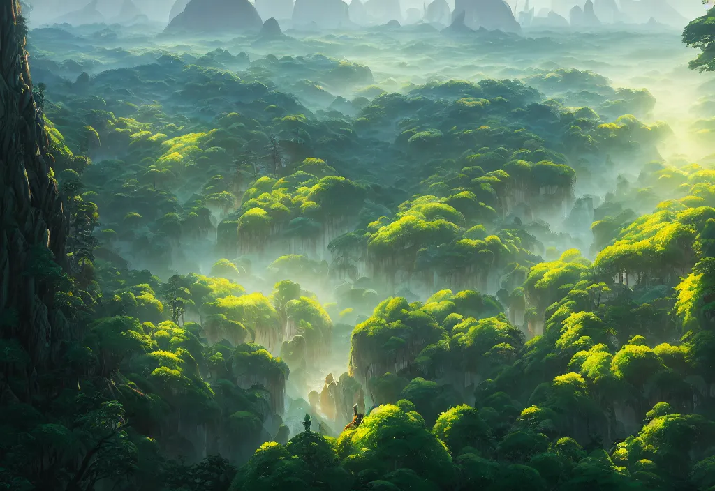 Image similar to high view of the background of a forest that has an endless pit in the bottom of the image, stylised painting, visible brush strokes, forest, medieval architecture, dynamic lighting, aesthetics, smooth, d & d, fantasy, asymmetrical, intricate, elegant, matte painting, by makoto shinkai borderlands and by feng zhu rossdraws