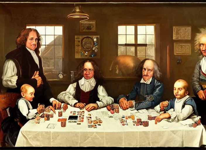 Prompt: family photo of isaac newton and stephen hawkins an einstein playing poker in an old west saloon in the style of norman rockwell