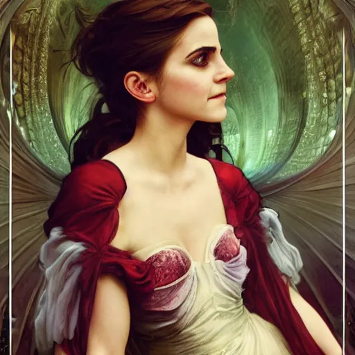 Image similar to a highly detailed matte painting of emma watson as an unbelievably powerful vampire witch, drinking wine, floating in the air doing blood magic, viewed in profile from far away, crackling green lightning, ultrawide lens, art by artgerm and greg rutkowski and alphonse mucha, volumetric lighting, octane render, 4 k resolution, trending on artstation, masterpiece