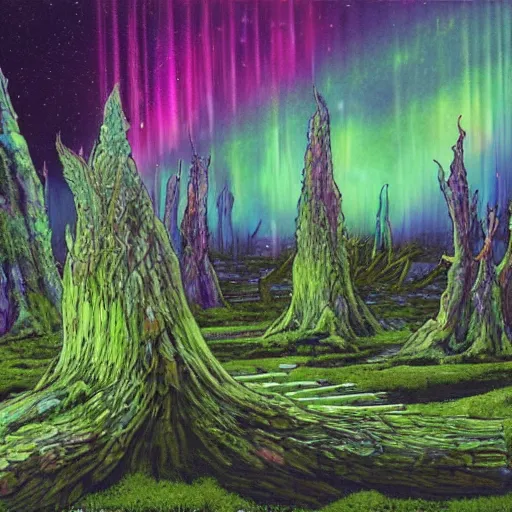 Prompt: an epic concept art, intricate coral, fungal gems, iridescent crystal monoliths, obelisks and an aurora borealis, mossy stumps, cell shading, by moebius, hiroshi yoshida, druillet, colorful, vivid colors