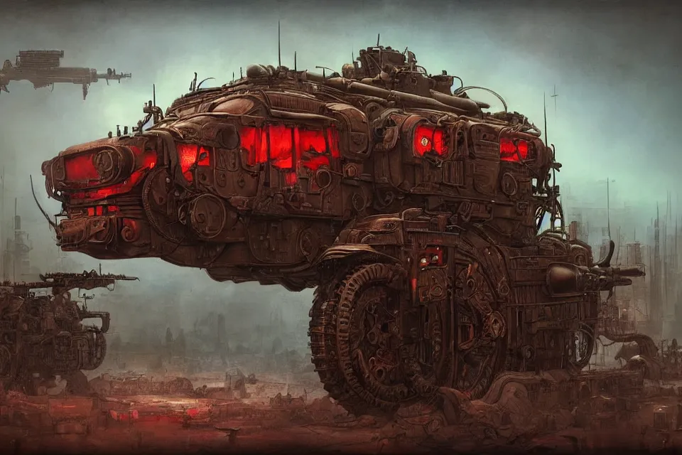 Image similar to steampunk style military vehicle with guns, red neon lights, by HR Giger and Beksiński and Stephan Martiniere , 4k resolution, detailed, trending on artstation