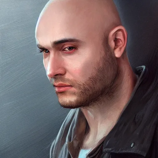 Prompt: a head - on detailed oil portrait of a young handsome round - faced smiling bald man, by charlie bowater, lise deharme, wlop, trending on artstation, dungeon and dragons art, critical role