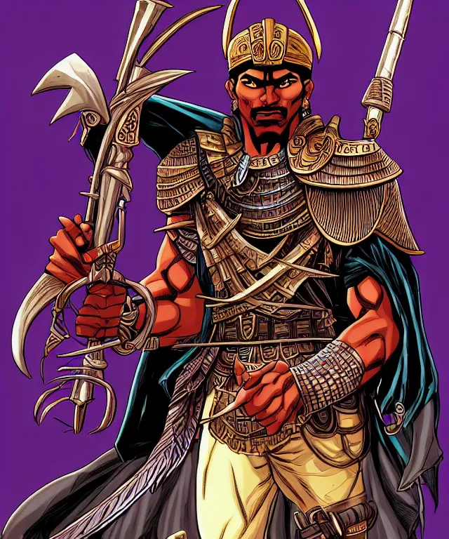 Prompt: a ( fantasy comic ) ( cover art ) portrait of a ( egyptian warrior ) who looks like ( keith david in they live ), digital illustration by tomoyuki yamasaki and sana takeda and kentaro miura, fine inking lines, vivid colors, dnd, photorealistic, hd, 4 k, trending on artstation