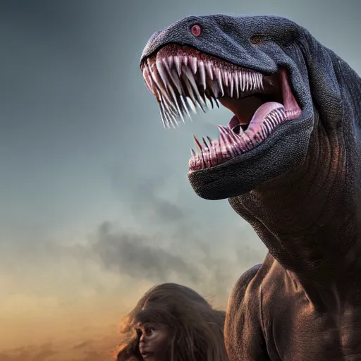 Image similar to A realistic photo of a mixture of Human and Tyrannosaurus, hyper-realistic, 8K HDR.