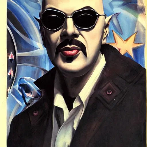 Prompt: gorgeous symmetrical portrait of! anton lavey with accurate face! in sunglasses with alcohol drink in his hand, made by annie leibovitz, dc comics art style, photorealistic, 8 k resolution