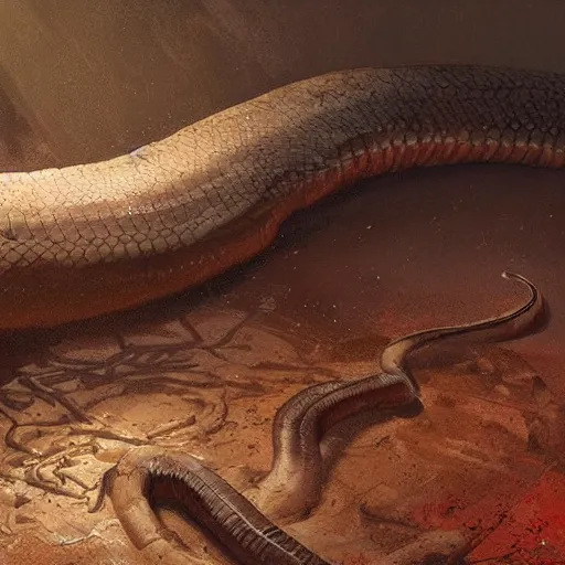 Image similar to a huge anaconda in a dark grave, horror ,digital art,realistic,detailed,art by greg rutkowski