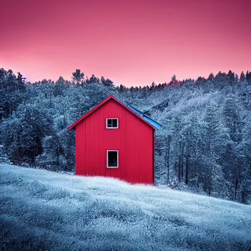 Image similar to stunning photo of landscape with an red cabin on a mountain by mikko lagerstedt