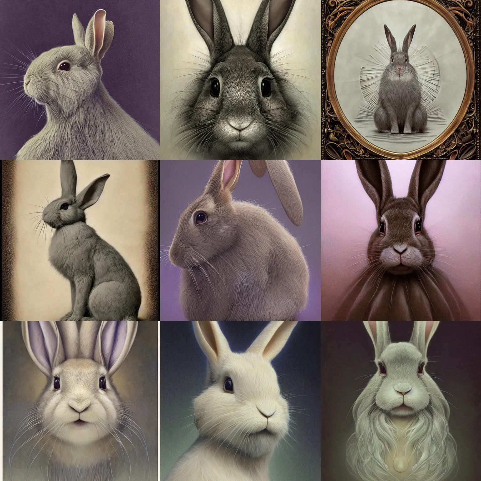 Prompt: rabbit character portrait by jean delville, tom bagshaw, makoto shinkai, gustave dore and marco mazzoni, studio ghibli style, porcelain, histological, biology, zoology artificial intelligence, ebony, ivory, organic, detailed fur, intricate details