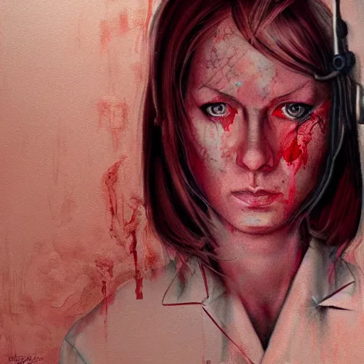 Image similar to detailed details photorealistic silent hill nurse in the style of bob peak and alex ross, gouache and wash paints color, detailed details facial and body and human and environments and proportionate, detailed 5 k details.