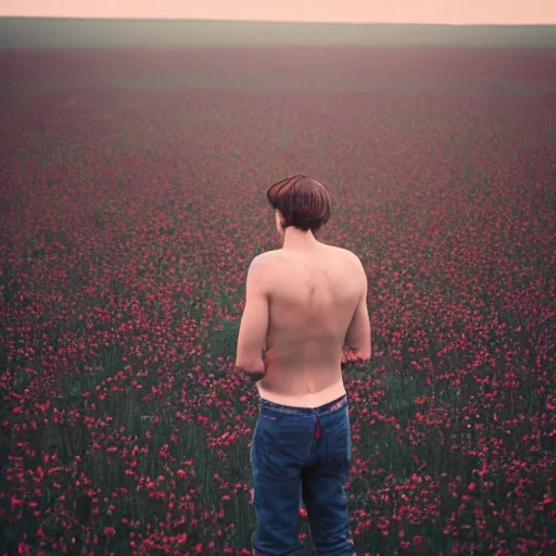 Image similar to kodak portra 1 6 0 photograph of a skinny guy standing in field of skulls, flower crown, back view, moody lighting, moody vibe, telephoto, 9 0 s vibe, blurry background, tranquil, calm, faded!,