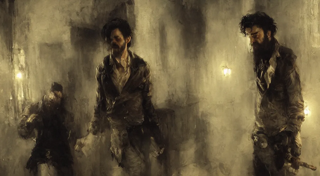 Prompt: a man with black hair and beard, wearing a black jacket, white shirt and jeans, trying to desperately escape a white room, dimly lit room, highly detailed painting by gaston bussiere, craig mullins, 8 k