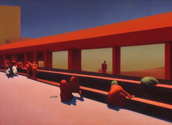 Image similar to conveyor belt with people Edward Hopper and James Gilleard, Zdzislaw Beksinski, highly detailed