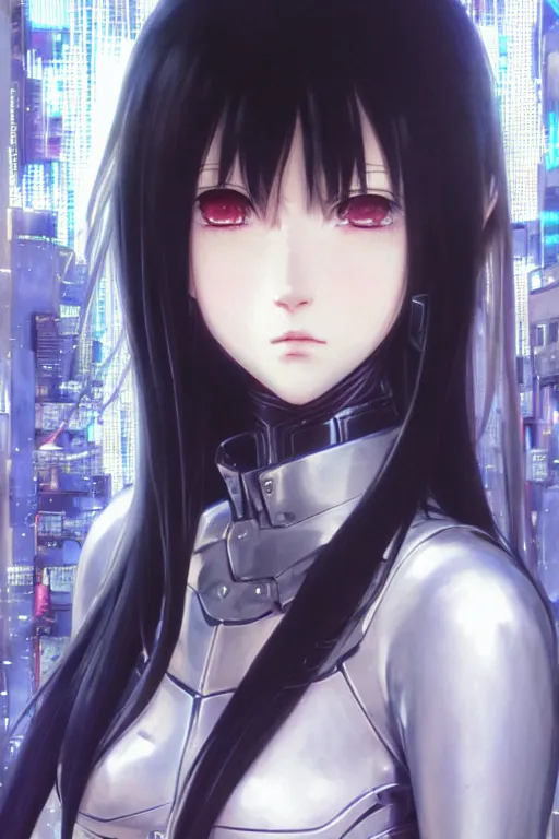 Image similar to portrait Anime girl in cyberpunk trinity blood armor, cute-fine-face, black-hair pretty face, realistic shaded Perfect face, fine details. Anime. realistic shaded lighting by Ilya Kuvshinov katsuhiro otomo ghost-in-the-shell, magali villeneuve, artgerm, rutkowski, WLOP Jeremy Lipkin and Giuseppe Dangelico Pino and Michael Garmash and Rob Rey and Yoshitaka Amano and Thores Shibamoto