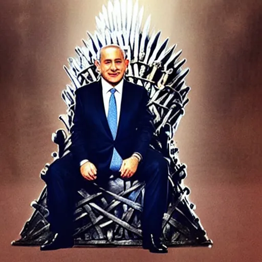 Image similar to “Benjamin Netanyahu sitting on the iron throne, 4k, award winning, realistic, scene from game of thrones”