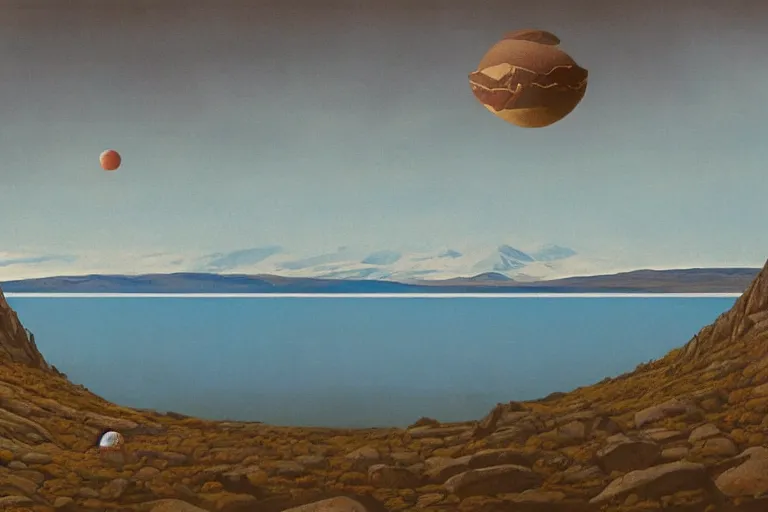 Image similar to a giant floating sphere covered in canadian aboriginal patterns hovering above a Yukon lake, painted by Ralph McQuarrie, matte painting