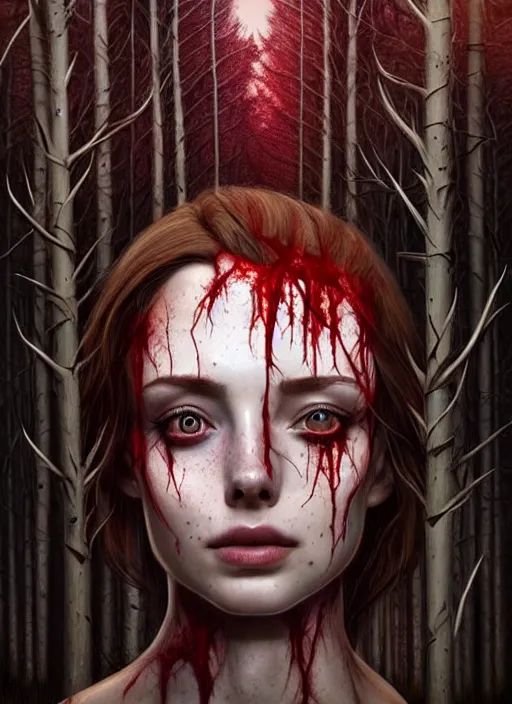 Prompt: surrounded by trees, realistic character concept, gorgeous Kacey Rohl, red hair, small freckles, Wendigo creature antlers deer skull face, symmetrical face, symmetrical eyes, full body, covered in blood, dark forest, trees, shorter neck, cinematic lighting, Joshua Middleton and artgerm, fear anxiety terror