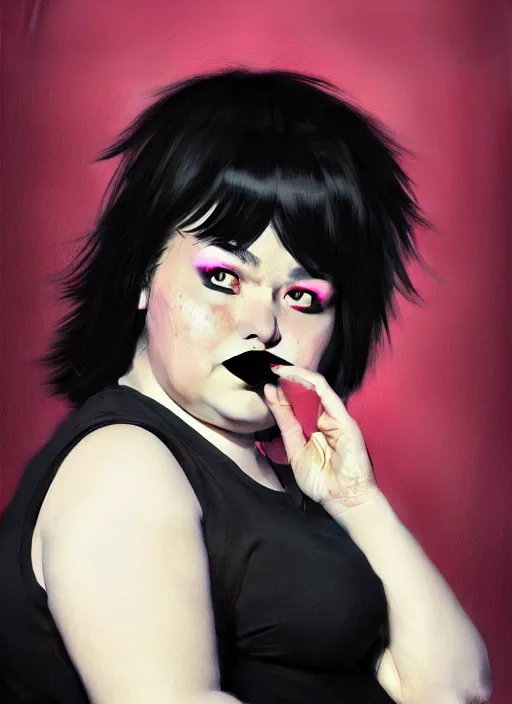 Image similar to portrait of a plump teenager with a crooked nose and a confident expression, 1 9 6 0 s, black clothes, goth, punk, brightly coloured hair, funk, intricate, elegant, highly detailed, digital painting, artstation, concept art, smooth, sharp focus, illustration, art by wlop, mars ravelo and greg rutkowski