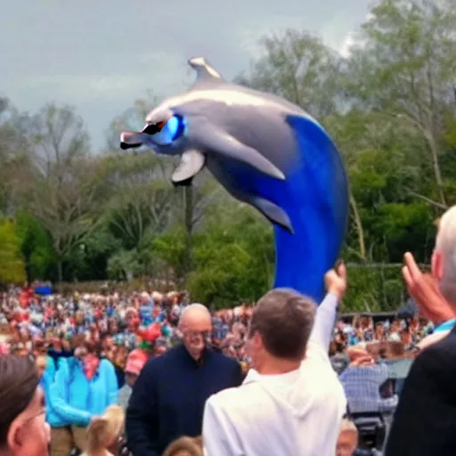 Prompt: a politician with a dolphin head talking to a crowd of Americans