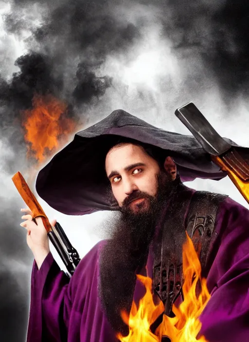 Image similar to action movie poster of an ultra orthodox bearded Christian priest wearing a deep purple robe with cloak, holding a machete. with an explosion behind him.