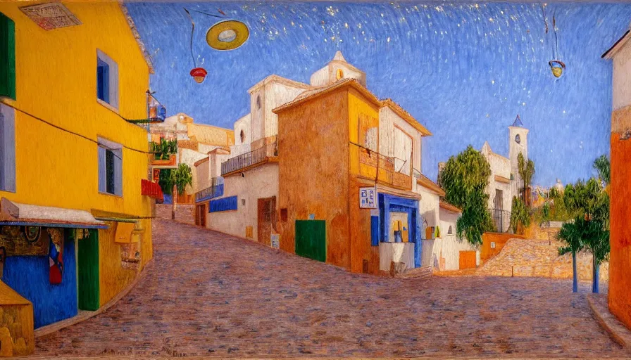 Image similar to a 1 9 9 8 southern spain town painted by arthur bispo do rosario, jules bastien - lepage, tarsila do amaral, frank weston and gustave baumann, trending on artstation, mediterranean, star, sharp focus, colorful refracted sparkles and lines, soft light, 8 k 4 k