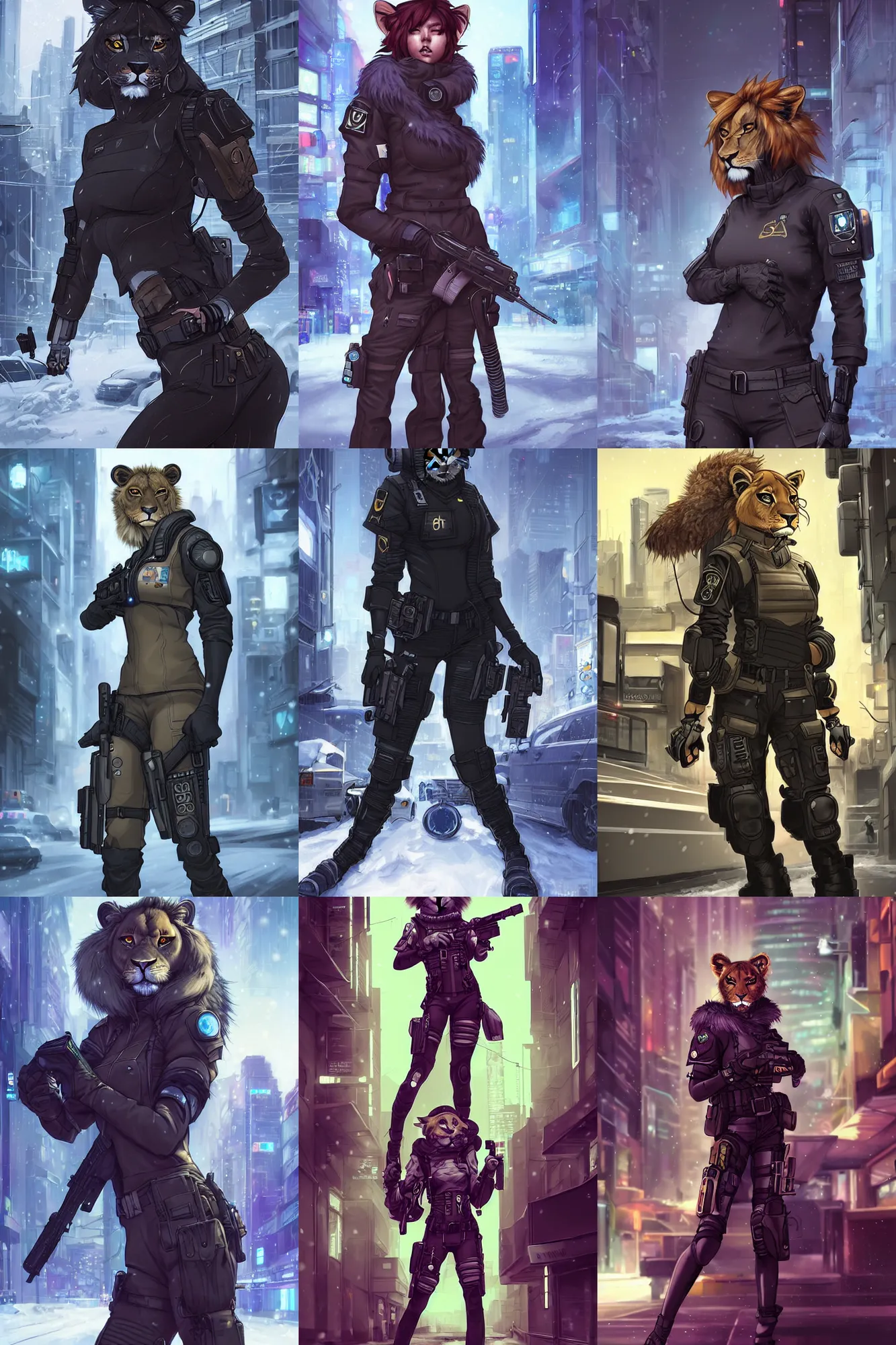Prompt: beautiful furry art portrait commission of a female furry anthro lioness fursona wearing a tactical cyberpunk swat uniform in the streets of a cyberpunk city at night in the snow. character design by charlie bowater, ross tran, artgerm, and makoto shinkai, detailed, inked, western comic book art