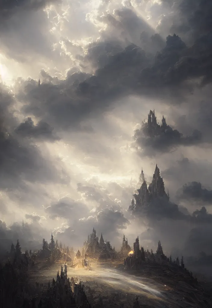 Image similar to The gate to the eternal kingdom of futuristic Heaven, seraphim in the clouds, holy rays, highly detailed, fantasy, digital art, HD, detailed, illustrated by Greg Rutkowski and Gaston Bussiere, 35mm lens, beautiful macro close-up imagery, moody lighting, beautiful volumetric-lighting-style atmosphere