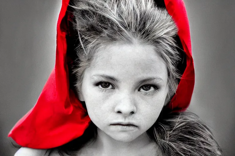 Prompt: a highly detailed cinematic headshot portrait color photograph of little red riding hood and a wolf, ultra realistic, depth, beautiful lighting, by richard avedon and annie leibovitz and arnold newman, photorealistic, hyperrealistic, octane, epic composition, hasselblad camera, 5 0 mm, sharp focus, perfect facial symmetry