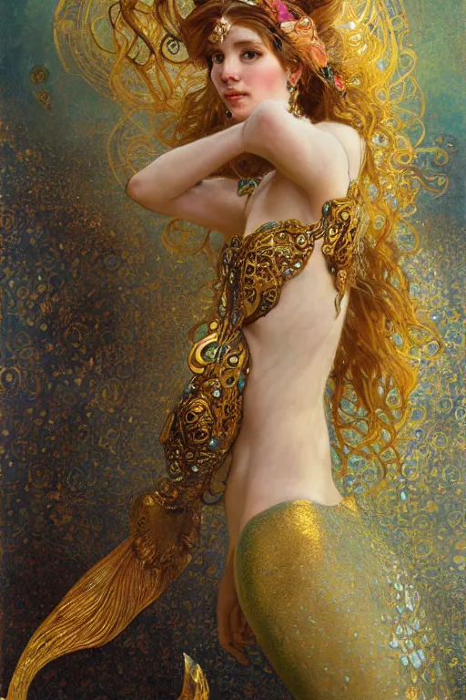 Image similar to an intricate painting of a beautiful young mermaid with klimt golden motives and textures, hyper detailed, ornamental gold headpiece, octane render, vivid colors, artstation, by jeremy mann, by alphonse mucha, by boris vallejo