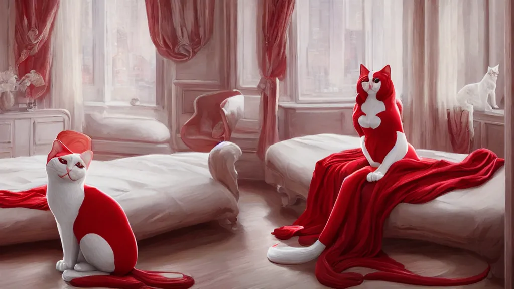 Prompt: art deco bedroom, red and white cat statue, ultra detail, photoreal, professionally retouched, wide angle, 8 k high definition, insanely detailed, intricate, elegant, art by artgerm and wlop