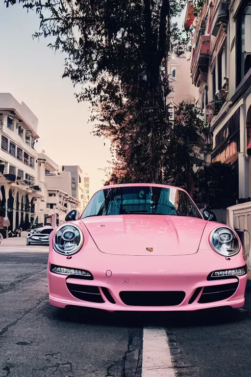 Prompt: Photo of a pink Porsche 911 Carrera 3.2 parked on the road with Rodeo drive in the background in the background, wide shot, poster, rule of thirds, photo print, golden hour, daylight, vibrant, volumetric lighting, award winning