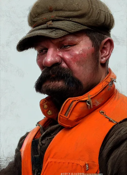 Image similar to a russian railroad electrician!!!, male!!, wearing orange vest!!, siberia!!, portrait, 3 5, dirty, fat, ugly, intricate, elegant, highly detailed, digital painting, artstation, concept art, wallpaper, smooth, sharp focus, illustration, art by artgerm and greg rutkowski and alphonse mucha