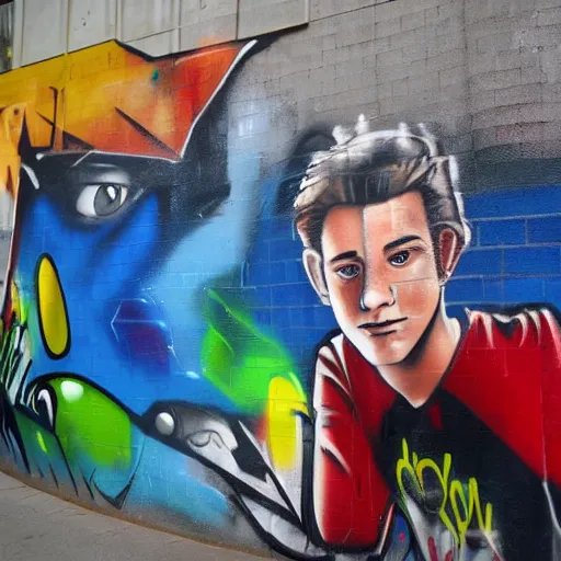 Prompt: grafitti mural of Tom Holland