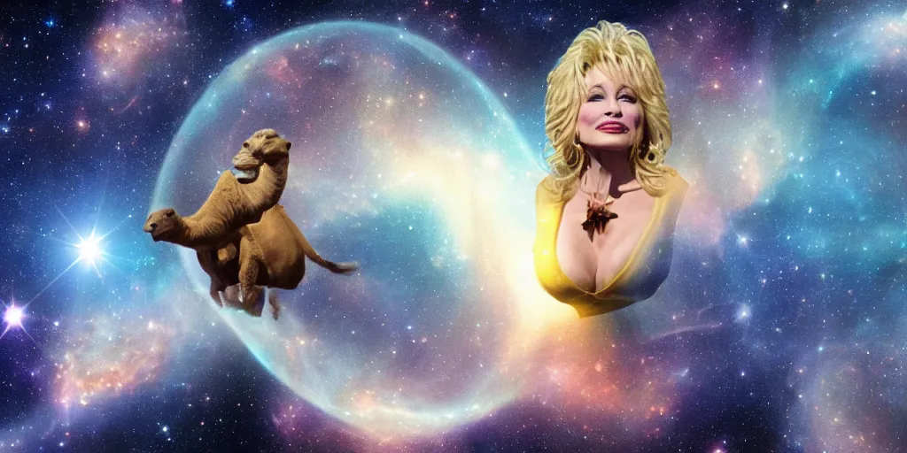 Image similar to Dolly Parton floating in space with a camel. In the style of the James Webb Space Telescope, photograph, dark matter, galaxies, david lynch, strange, photo realistic