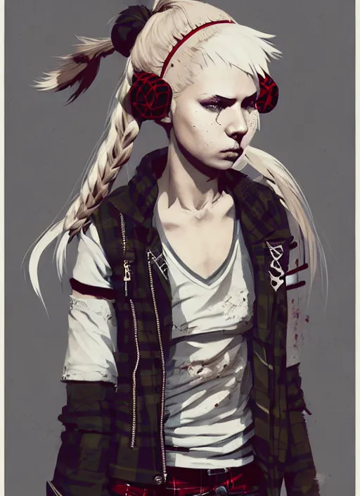 Image similar to highly detailed closeup portrait of a sewer punk pretty swedish female road warrior student, tartan garment, blonde hair pigtails with headband by atey ghailan, by greg rutkowski, by greg tocchini, by james gilleard, by joe fenton, by kaethe butcher, gradient red, black, brown and white color scheme, grunge aesthetic!!! white graffiti tag wall background