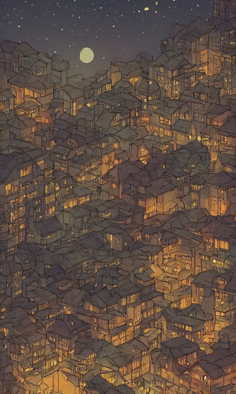 Image similar to a serene painting of a town at night, the moon and stars, by laurie greasley, artstation, studio ghibli color scheme