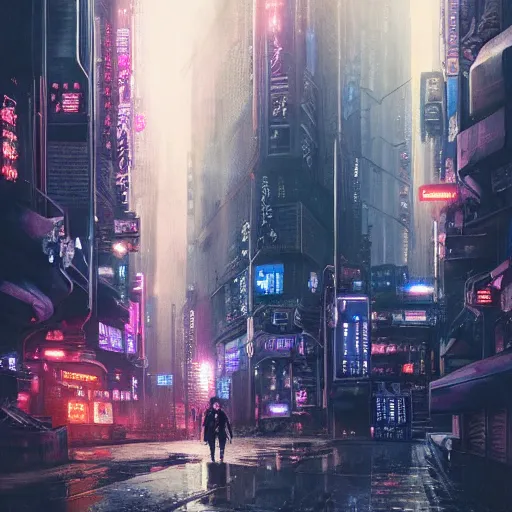 Image similar to a painting of cyberpunk tokyo ultra realistic, colour, concept art, intricate details, night, thunder, raining, eerie, highly detailed, dark fantasy, photorealistic, octane render, 8 k, unreal engine 5. art by artgerm and craig mullins, greg rutkowski and bill sienkiewicz