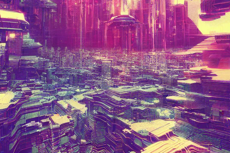 Image similar to soft clean chrome geometric landscape, cyberpunk, cinematic, retrofuturism, sci - fi, hyper realism, vaporwave aesthetic, extremely detailed, intricate, pixel sorting, glitch art, digital art