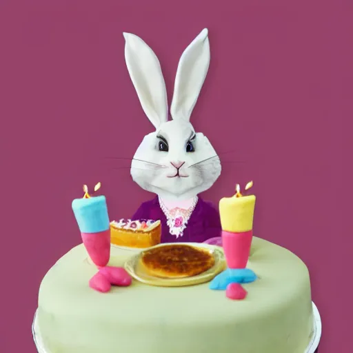 Prompt: a rabbit holding a birthday cake, in the style of fanny brahe