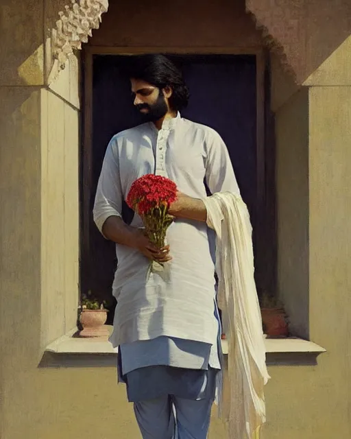 Image similar to a guy in a kurta waiting for his love to come, holding flowers, art by greg rutkowski, gustave courbet, rosa bonheur, edward hopper. faithfully depicted facial expression, perfect anatomy, sharp focus, global illumination, radiant light, detailed and intricate environment, trending on artstation