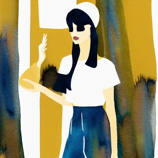 Prompt: a room full of beautiful house plants and a pretty caucasian woman with pale skin, long black hair with bangs, wearing shorts and t shirt, walking happily, abstract, golden light, beautiful watercolor art trending on artstation
