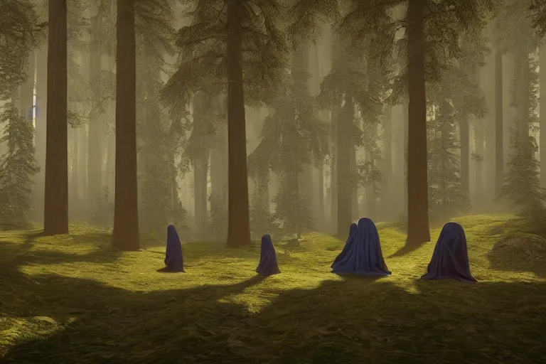 Image similar to procession of mysterious hooded figures in a forest clearing| richly embroidered velvet cloaks| tall trees| dramatic atmospheric lighting | Evelyn De Morgan and Maxfield Parrish |featured on Artstation |unreal engine