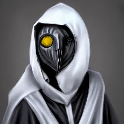 Image similar to female plague doctor donning a black hood, gown, and a white crow mask, trending on artstation