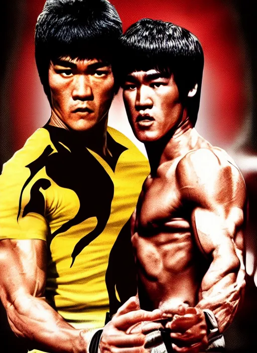 Image similar to Film poster Bruce lee fights VS Arnold Schwarzenegger, faces look at each other, detailed and realistic, 4k, filmic render