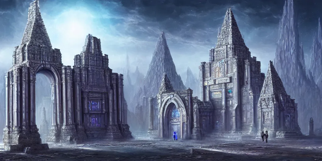 Prompt: a sci fi quantum computer is the centerpiece tomb that is surrounded by diamonds, there are archways, buttresses, and advance monuments, matte oil painting, science fantasy, retrofuturism, sharp focus, extremely detailed, 4 k