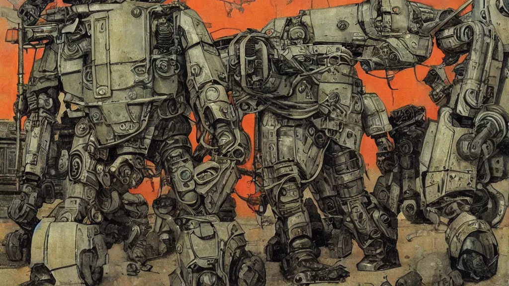 Image similar to Soviet mechs in the style of Norman Rockwell, sci-fi illustrations, highly detailed, award-winning, patriotic, soviet, ussr, dark, gritty, ink