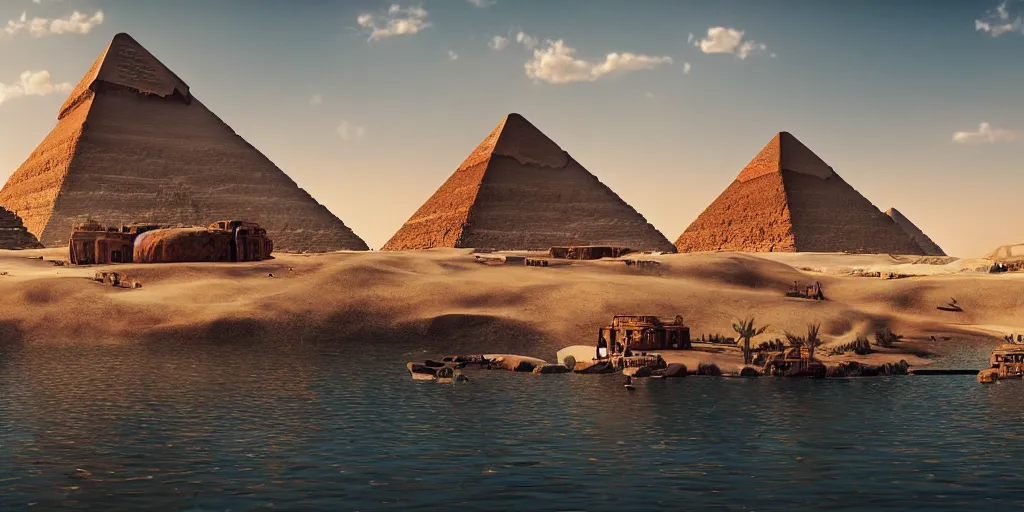 Image similar to beautiful egypt landscape, environment, lake, film, dramatic, cinematic, highly detailed, mid day, large scale, hyperrealistic, realistic lighting, octane render, by wlop, artgerm, trending on artstation hd, 8 k, clear, sharp