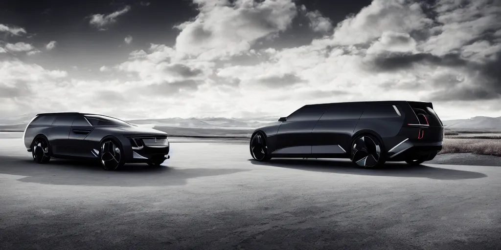 Prompt: a design of a futuristic stationwagon, designed by Polestar and DMC, northern lights background, brushed rose gold car paint, black windows, dark show room, dramatic lighting, hyper realistic render, depth of field