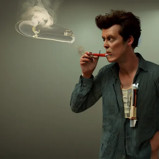 Image similar to hyperrealistic dslr film still of ace ventura pet detective smoking a crack pipe, stunning 8 k octane comprehensive 3 d render, inspired by istvan sandorfi & greg rutkowski & unreal engine, perfect symmetry, dim volumetric cinematic lighting, extremely hyper - detailed, extremely lifelike attributes & lifelike texture, intricate, masterpiece, artstation, stunning