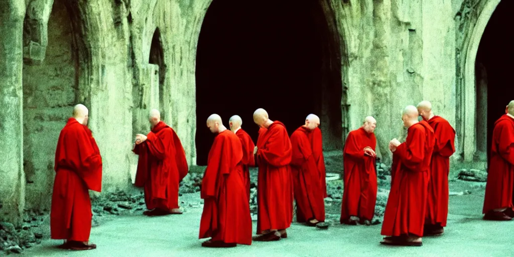 Prompt: robed benedictine monks sing in a boreal crumbling stone gothic brutalist monastery kodak portra ektachrome, chromatic aberration, film grain, bokeh